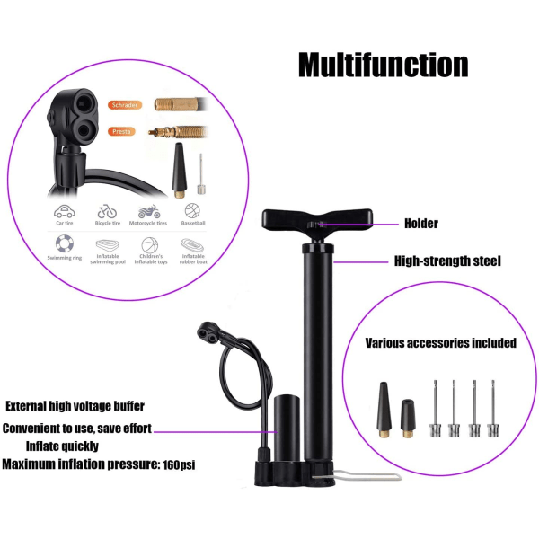 Høytrykks sykkel gulvpumpe, sykkelpumpe, sykkelpumpe, standpumpe 160PSI med Presta & Schrader-ventiler, sykkel luftpumpe med ballpumpe