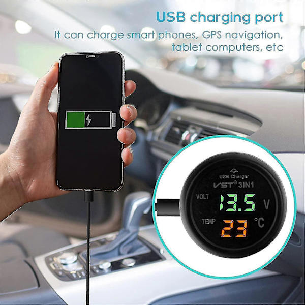 2024 Bilvoltmeter, 3 i 1 12-24V Biltermometer Bil USB-laddare Voltmeter med LCD Digital Displaypanel