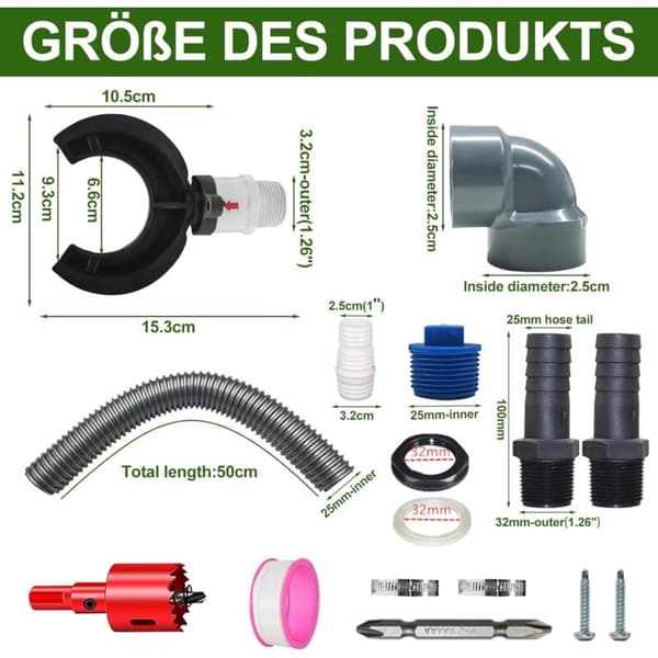 Regnvandsopsamlingssæt til 70-110 mm nedløbsrør – Komplet sæt med 50 cm slange – Rivefast PVC