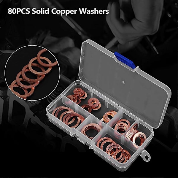 Solid kobber bunnplugg Assortert skiver metallsett - 80 stk med boks