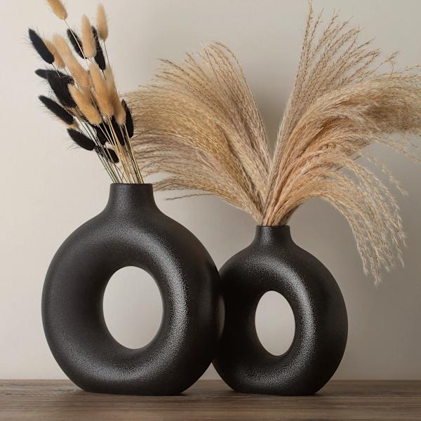 Svart vase for Pampas gress, stuetilbehør, svart keramisk donut vase, matt svart rund sirkel vase, svart rominnredning, moderne hylleinredning