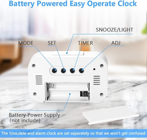 Digital vækkeur til natbordet, LED-display med justerbar slumrefunktion 12/24 timer, temperatur, dato, timer, lysstyring, bærbare vækkeure