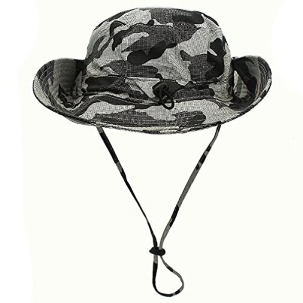 Camouflage solhat med bred skygge og justerbar hagerem (Khaki)