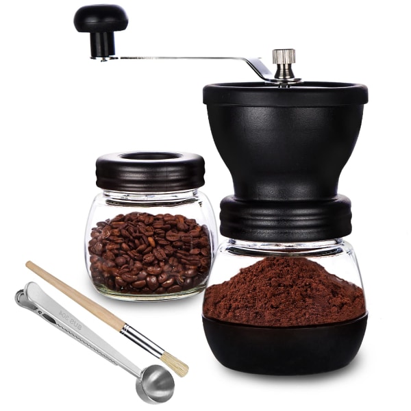 Manuel kaffebønnekværn med 2 glaskrukker (11 oz hver), keramisk grat, håndsving/håndholdt, små bærbare kaffekværne med børste/ske