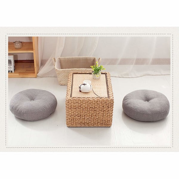 Rund Tatami-pute, tykk myk kontorstolpute i bomullslin, avtakbar og vaskbar, for utendørs og innendørs bruk, blå og hvit, 40 cm (16 tommer)