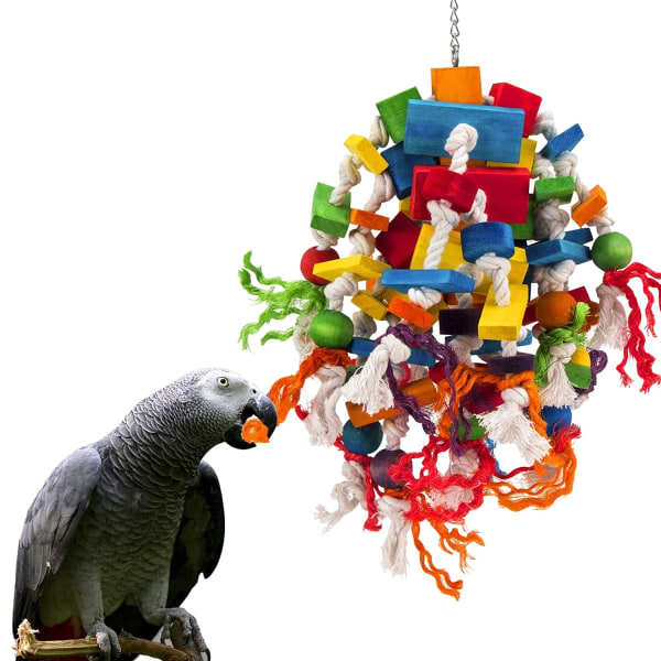 Stor fågel Papegojaleksak Stark papegojatuggleksak Flerfärgade träblock Papegojburbettleksak för stora medelstora fåglar papegoja