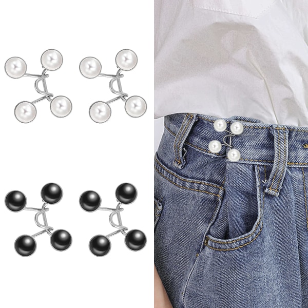 4 sett Jean-knapper, ingen søm nødvendig Bukse midjestrammer Justerbar midjespenneforlengersett Avtakbare knappnåler (svart og hvit perle)