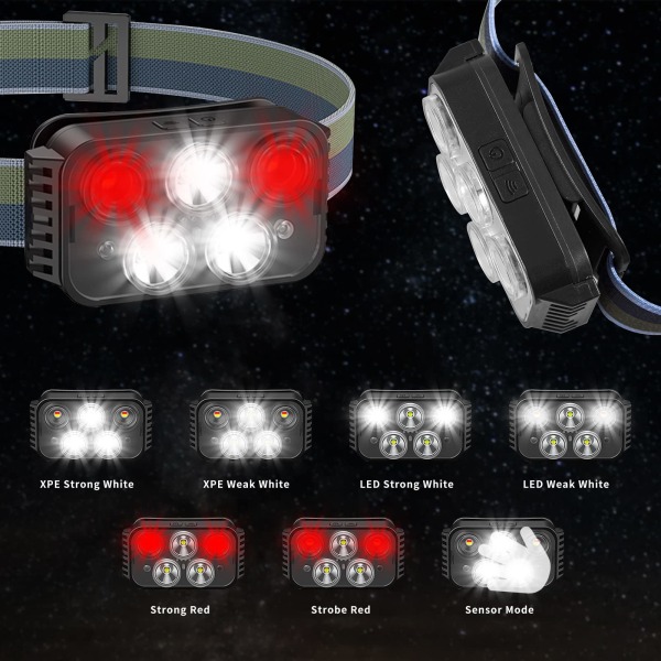 Genopladelig pandelampe med 5 lys 6 tilstande, vandtæt håndfri lys, superlys LED pandelampe til løb, fiskeri, hundeluftning