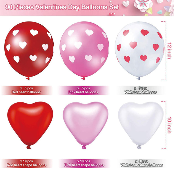 90 pakke hjerteballonger dekorasjonssett 6 stil hjerteform lateksballonger hjertetrykte valentinsballonger