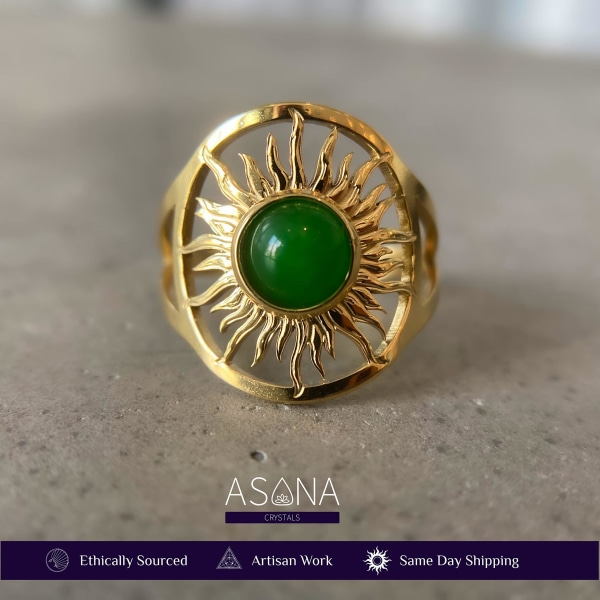 Grön Ring Guld North Star Ring 18kt Boho Ring Healing Kristallgrön Agat Ring Zodiac Ring för kvinnor Wiccan Smycken Real Gemstone Ring, , Agat