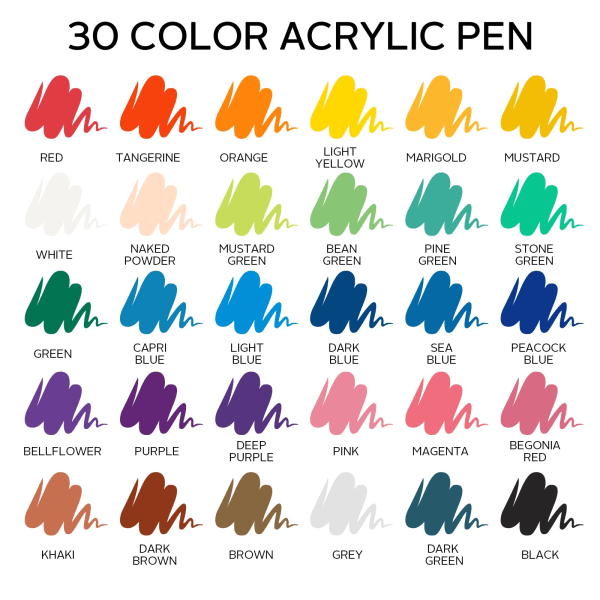 30 farger permanente markører, akrylmalingspenne (2 mm spiss)