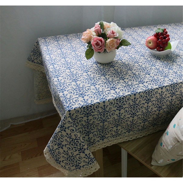 Klassisk linned bomuld blå blomst trykt dug (140*180cm)