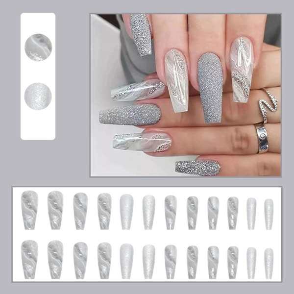 24 st marmor falska naglar långa, grå glitter tryck på nageldesigner, medium ballerina stick på naglar för kvinnor, akryl kista franska falska naglar
