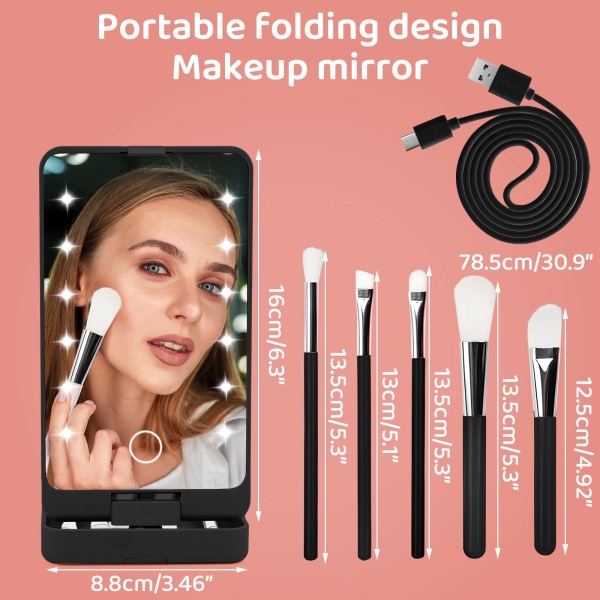 Vanity Mirror with Light, Portable Dressing Table Makeup Mirror with 12 LED Lights and 5Pcs Brush 360°Adjustable Touch Screen Lighted Desk Mirror