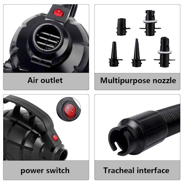 600W Elektrisk Luftpumpe med 5 Dyser for Oppblåsbare Madrasser, Flåter, Vannsenger, Båter og Plaskebasseng.