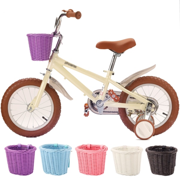 Cykelkorg för barn för flickor Framcykeltillbehör Liten vävd flätad cykelkorg med styre Streamers Bell Bike Tjejcyklar 3-13 år