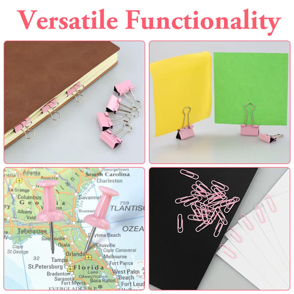 72 st binderklämmor tryckstift set, rosa 4 i 1 rund låda klämma brevpapper set