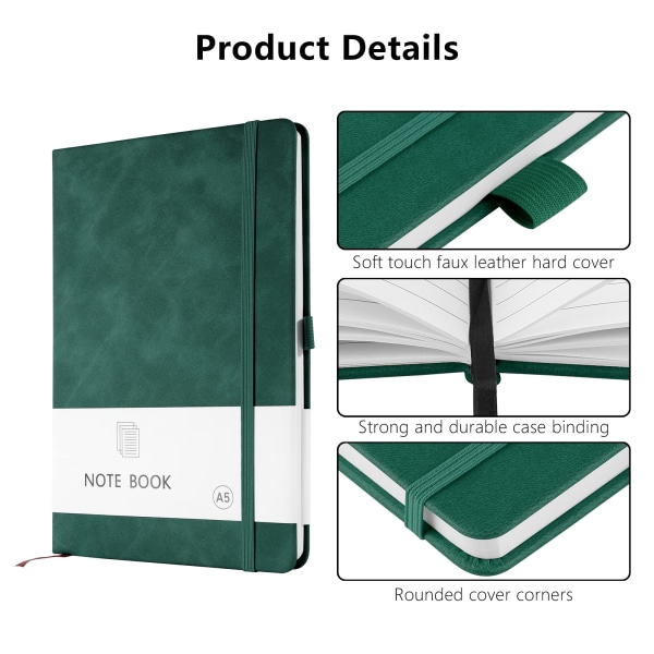 A5 Notebook, 2 Pack Notebook A5 200 sidor 100 GSM Journal Notebook Hardback Anteckningsblock med bokmärke, pennögla och elastisk stängning (grön+rosa)