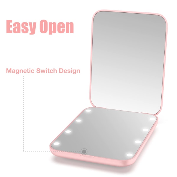 Fickspegel, kompakt ledspegel, 1x/2x förstoringsspegel med ljus, 2-sidig handhållen magnetomkopplare Vik liten resesminkspegel (rosa)