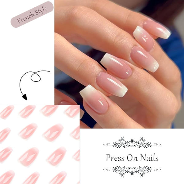 24 stk. firkantede falske negle korte - Akryl hvide nude gradient stick on negle - Funky falske negle med lim - Falske negle stick on negle til kvinder