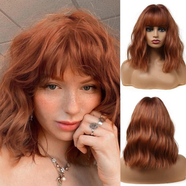 14 Inches Short Auburn Wig with Bangs for Women