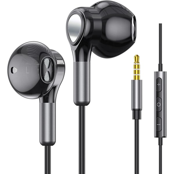 Hörlurar med sladd, in-ear-hörlurar med sladd, halva in-ear-hörlurar 3,5 mm jack, trådbundna hörlurar med mikrofon och volymkontroll BLACK