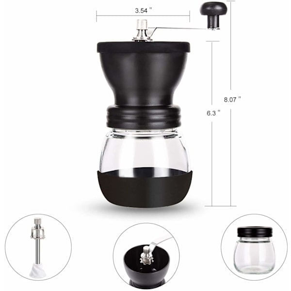 Manuell kaffebönskvarn med 2 glasburkar (11oz vardera), keramisk kvarn, handvev/handhållen, små bärbara kaffekvarnar med borste/sked