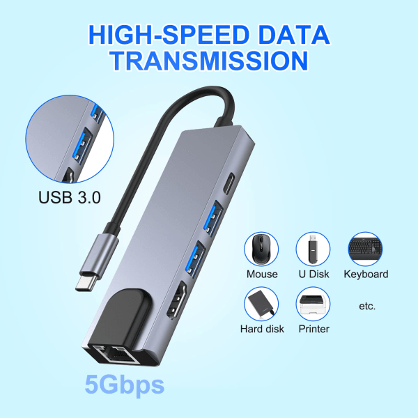 5-in-1 USB-C-telakka-asema, tyyppi C - HDMI-sovitin, RJ45 Ethernet, 4K HDMI, 100 W PD, 2 USB 3.0 yhteensopiva MacBook Pro / Air ja tyyppi C -laitteiden kanssa
