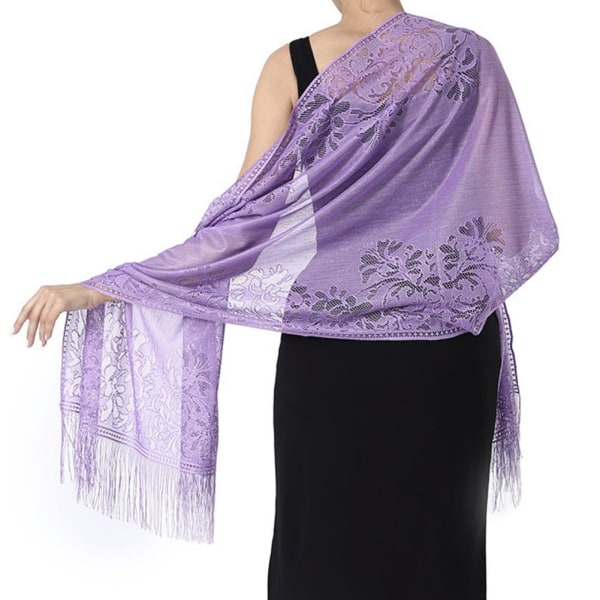 Blommig spetshalsduk för kvinnor med tofsar, mesh nätfransar för bröllopsfestklänningar 180 cm lila