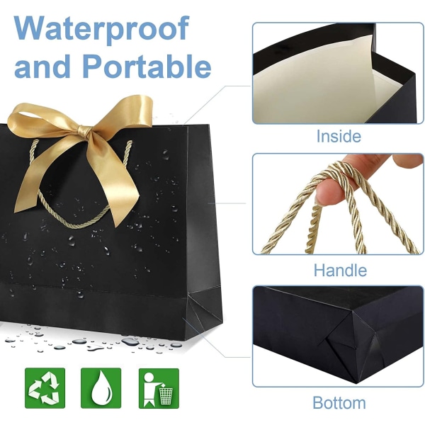 Presentpåsar i papper, 12,6 x 9,8 x 3,9 tum (svart, 8-pack)