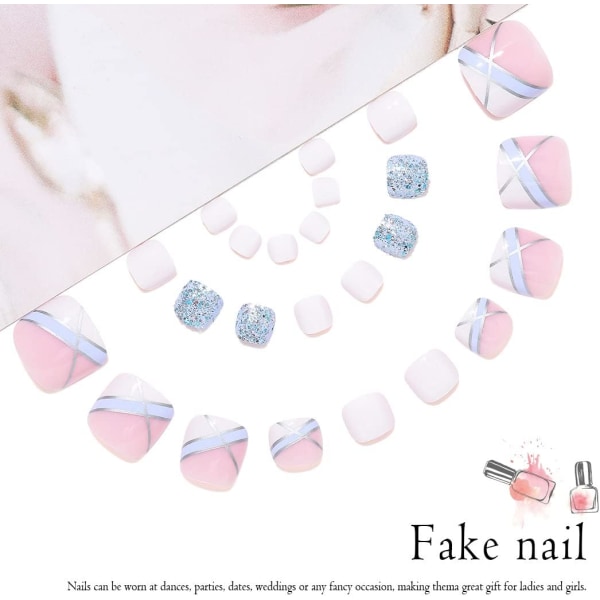 French False Toenails Pink White Blue Press on Toenails Silver Lines Fake Toe Nails Glitter Acrylic Stick on Foot Nails for Women and Girls