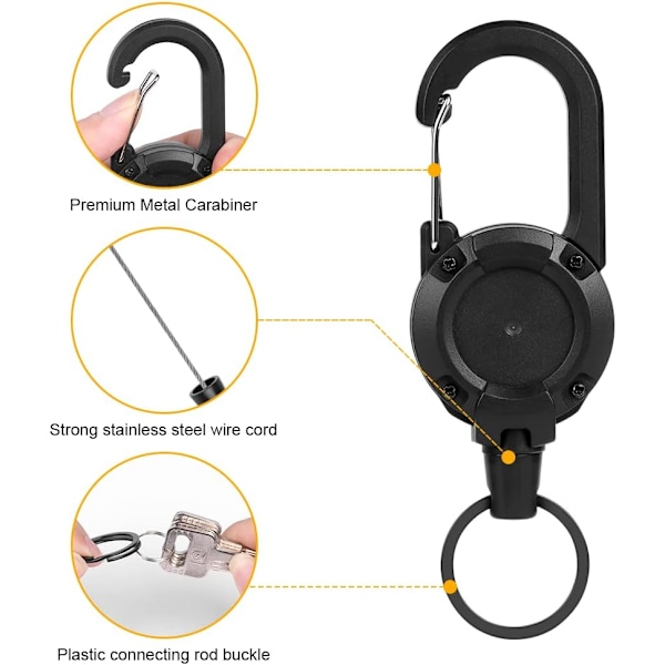 Heavy Duty Retractable Keychain, 2stk Retractable Badge Holder, Retractable ID Badge Reel Heavy Duty Reel Clips Retractable Badge Reels black