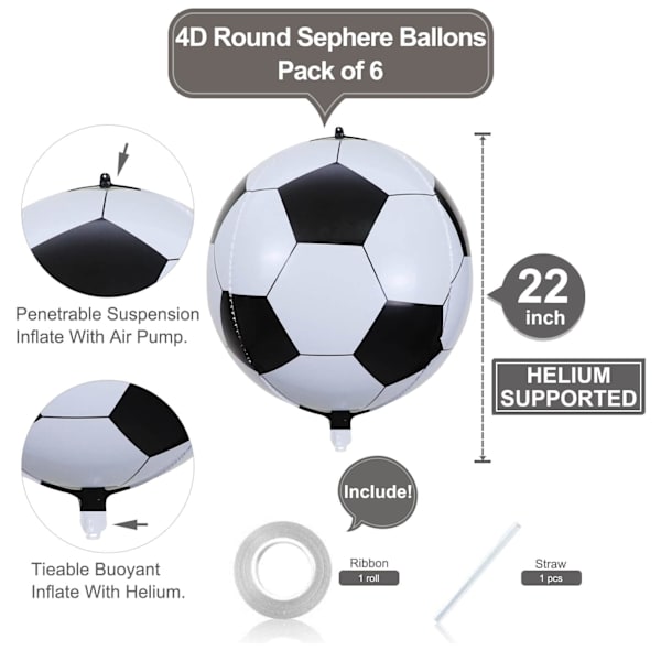 6 Pakke 22\" Fotballfolie Ballonger 4D VM Festdekor 6pcs