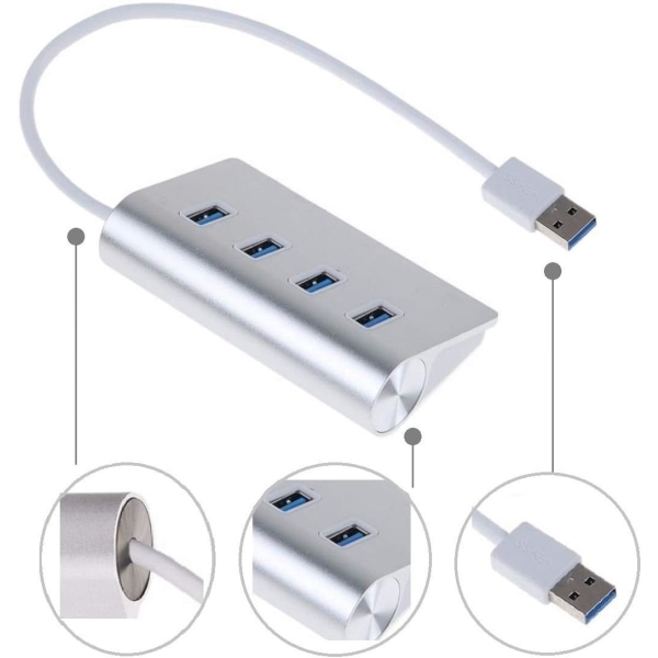 4 Port USB 3.0 Hub Splitter Højhastigheds dataoverførsel til Mac PC Laptops Smartphones Tablets Pen Flash Drives (SØLV)