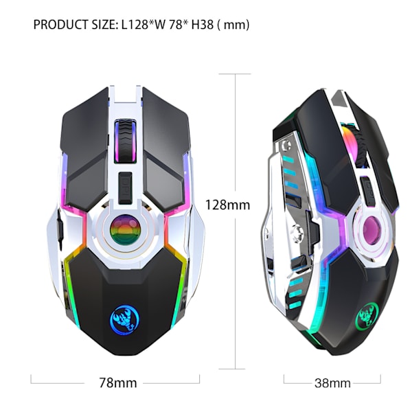 Trådløs Gaming Mus, T30 2.4G Trådløs Mus Genopladelig RGB Lys Justerbar DPI Gaming Mus grey