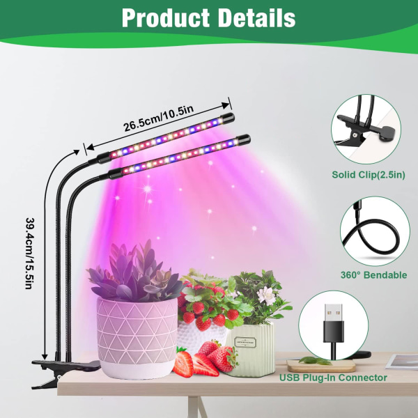 Grolys for innendørs planter, 40 LED-er Full Spectrum LED-grolys, 2 hoder klippelys for frøplanter, med automatisk PÅ/AV 3/9/12H timer