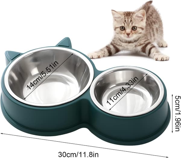 Set med dubbla kattmatskålar i rostfritt stål, halkfri bas, diskmaskinsäker - för torr- och våtfoder, söt kattdesign (Grön)