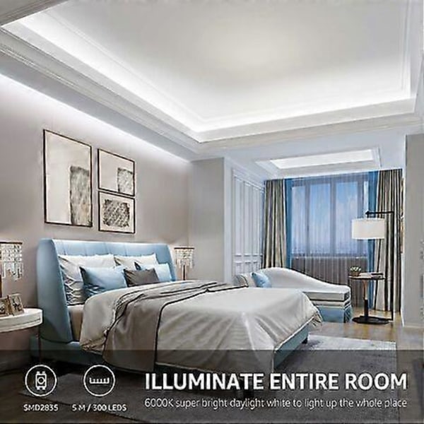 5M LED 1200Lm Kald Hvit Dimbar, 12V 6000K 300 LEDer 2835, Selvklebende LED-stripe med Dimmer, Koblinger + Transformator