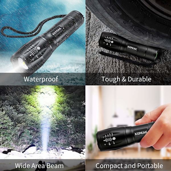 LED-taskulamppu, 5 tilaa, taktinen, IPX5-vedenkestävä
