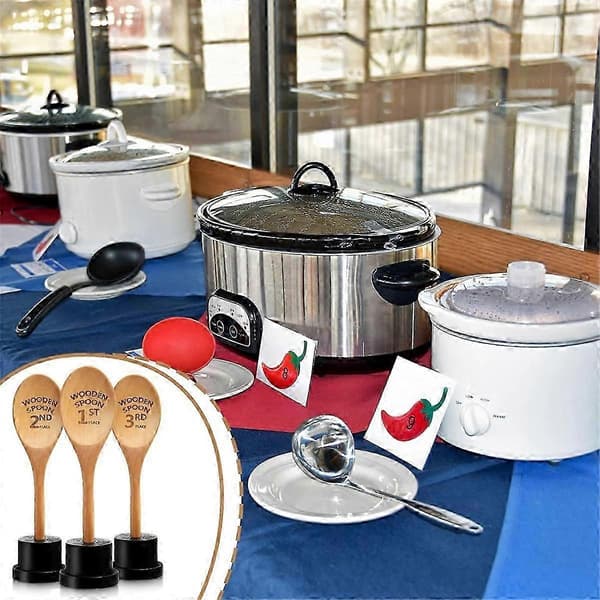 3 Stycken Gyllene Sked Pris Statyetter Set Chili Cook Off Träsked Priser Trä Graverad Med Trofébas Matlagning