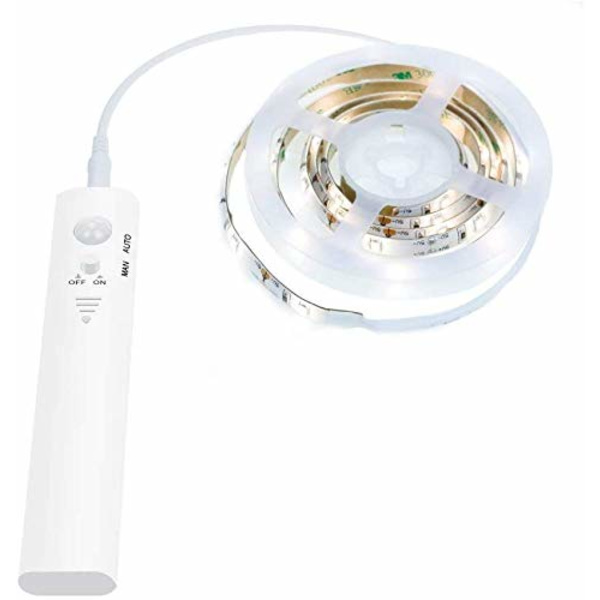 Sensor Garderob Ljus, 2M LED Strip Ljus Nattljus, 6000K Varm Vit, Automatisk På/Av, Batteridriven