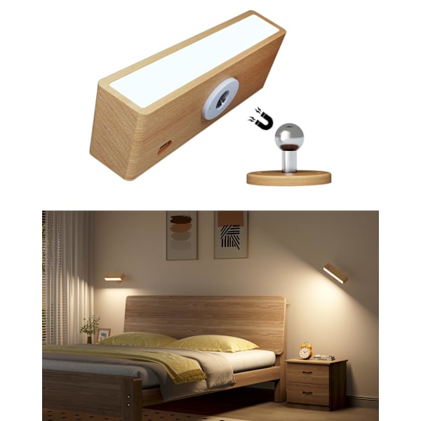 Væglampe til soveværelse, USB genopladelig trådløs natlampe, justering af lysstyrke, berøring, LED trælampe.