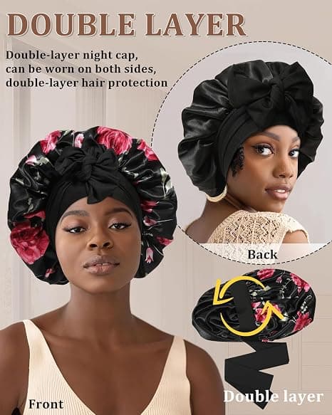 Satin Bonnet för Sömn Kvinnor Dubbellager Hårmössa med 2 st Hårsnoddar Elastiskt Band Nattmössa Black Flower + Black