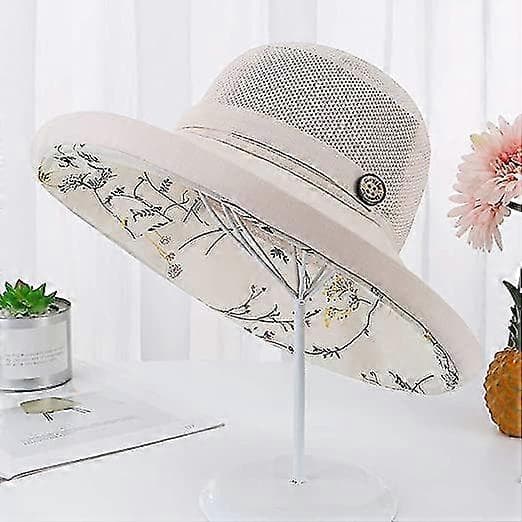 Solhatter i mesh for kvinner - UPF UV-beskyttelse - Sammenleggbar - Bred brem - Hakestropp beige