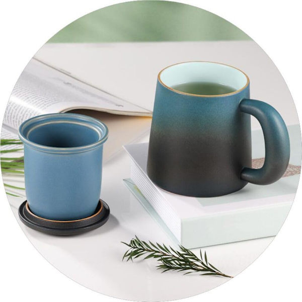 Teinfuser krus med si og låg, 420 ml (fuld kapacitet) Keramisk kop Stor tekop med rustfrit stål te si til løs te, blå og sort blue/black