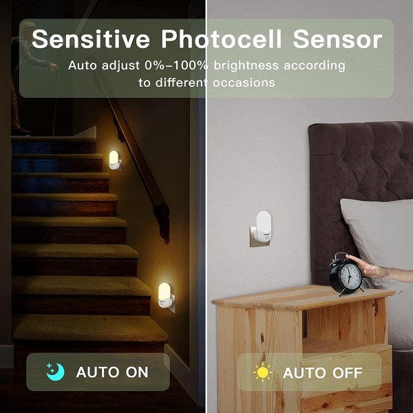 Nattlys stikkontakt i vegg, 2-pakke sensor LED-lys, automatisk lysstyrke dimbar, varmt hvitt stikkontakt nattlys for gang, trapper, soverom og mer