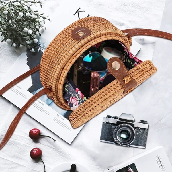 Rund rottingväska, bohemisk rottingväska handgjord rund vävd väska för kvinnor sommar strandväska klassisk rotting axelväska chic halm crossbody väska