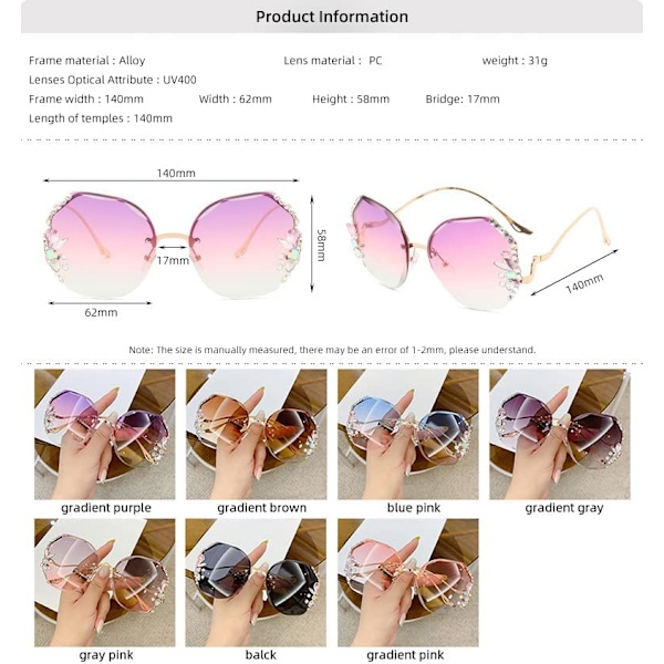 Nya Vintage Ramlösa Diamantsolglasögon, Överdimensionerade Ramlösa Gradient Diamantslipade Linser UV-skydd Solglasögon (Rosa)