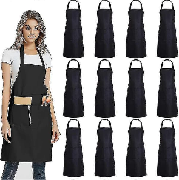 12-pack Enkla Haklappar med 2 Fickor - Svart Unisex Förkläde i Bulk