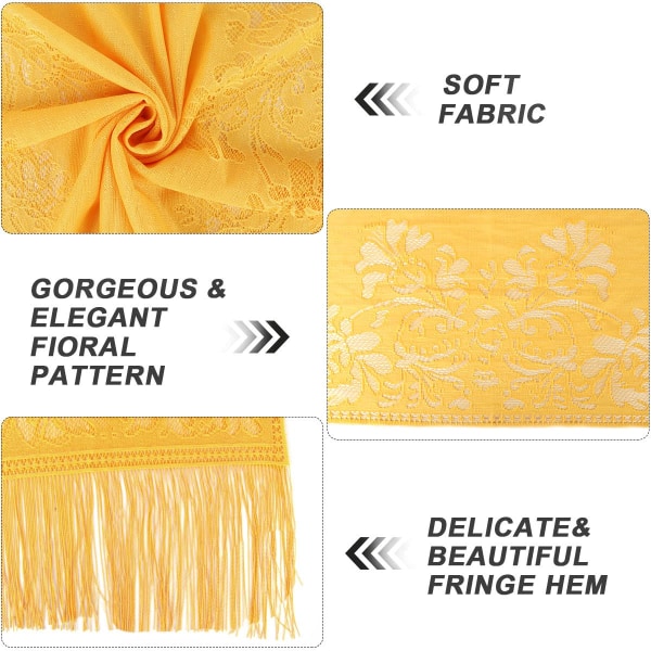 Blomstert blonderskjerf for kvinner med dusker, myk netting-frynser for bryllupsfestkjoler, gul yellow